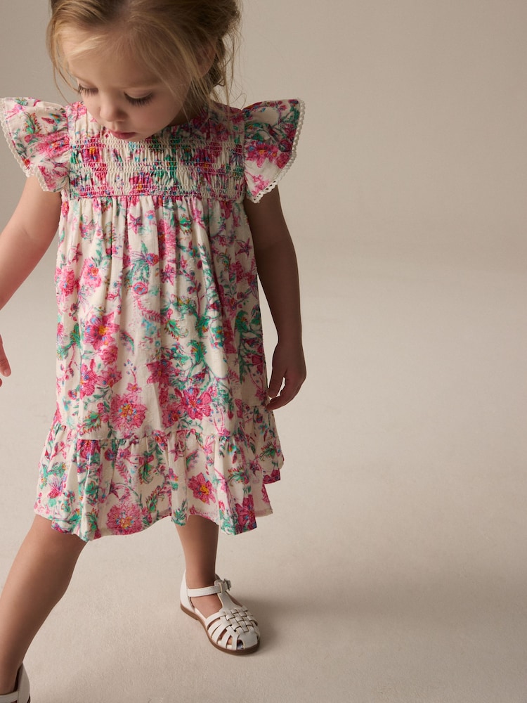 Pink Floral Shirred Angel Sleeve Dress (3mths-8yrs) - Image 1 of 8