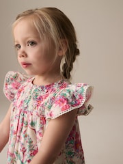 Pink Floral Shirred Angel Sleeve Dress (3mths-8yrs) - Image 4 of 8