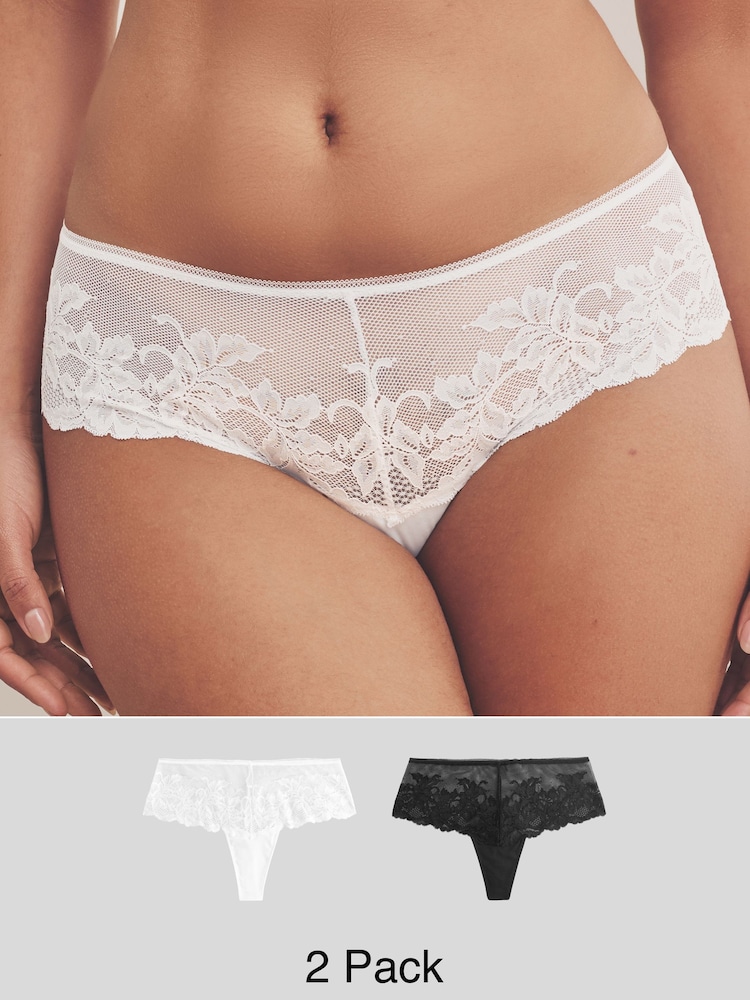 Black/White High Waisted Thong Lace Knickers 2 Pack - Image 1 of 9