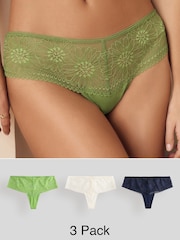 Green/Cream/Navy High Waisted Thong Floral Lace Knickers 3 Pack - Image 1 of 11