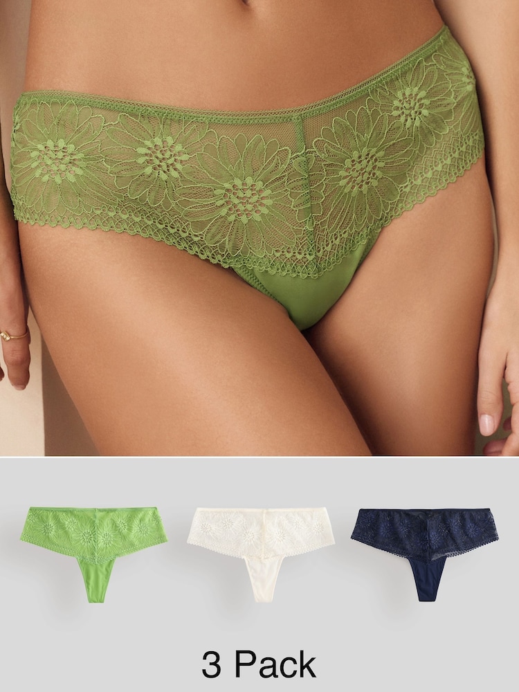 Grün/Cream/Marineblau - Slip mit floraler Spitze, 3er Pack - Bild 1 von 11 Grün/Cream/Marineblau - Slip mit floraler Spitze, 3er Pack - Bild 1 von 11