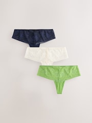 Green/Cream/Navy High Waisted Thong Floral Lace Knickers 3 Pack - Image 6 of 11