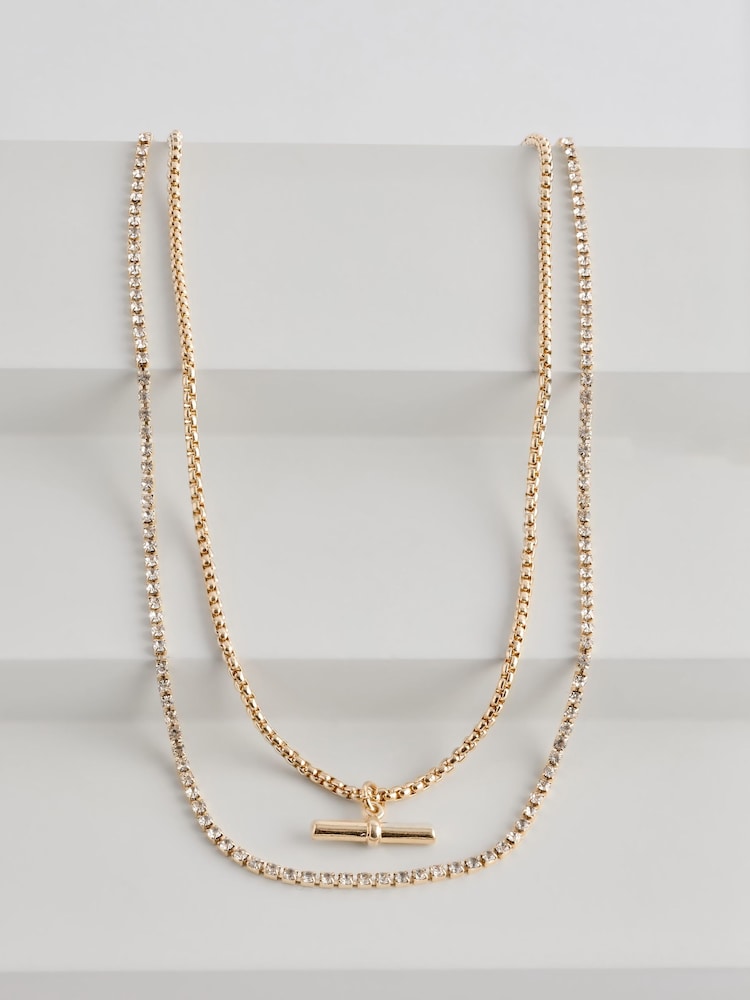Aela Gold Tone T-Bar Pave Multirow Necklace - Image 1 of 1