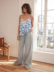 Blue Floral Print Lace Trim Strappy Cami Top - Image 3 of 8