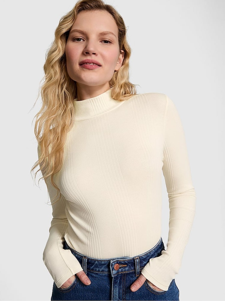 Victoria's Secret PINK White Shell Ribbed Mock Neck Long Sleeve T-Shirt - Image 1 of 4