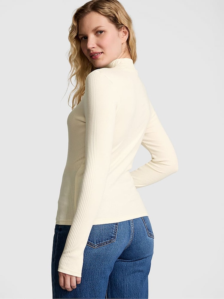 Victoria's Secret PINK White Shell Ribbed Mock Neck Long Sleeve T-Shirt - Image 2 of 4 Victoria's Secret PINK White Shell Ribbed Mock Neck Long Sleeve T-Shirt - Image 2 of 4