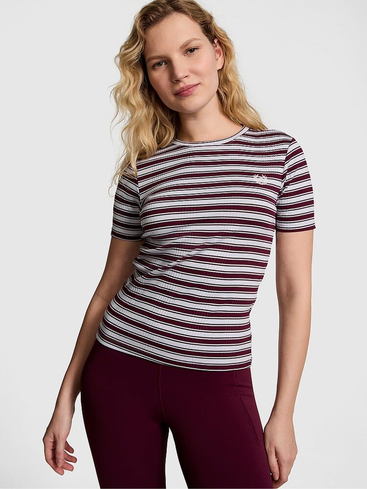 Victoria's Secret PINK Purple Rose Stripe Ribbed Short Sleeve T-Shirt - Image 1 of 4