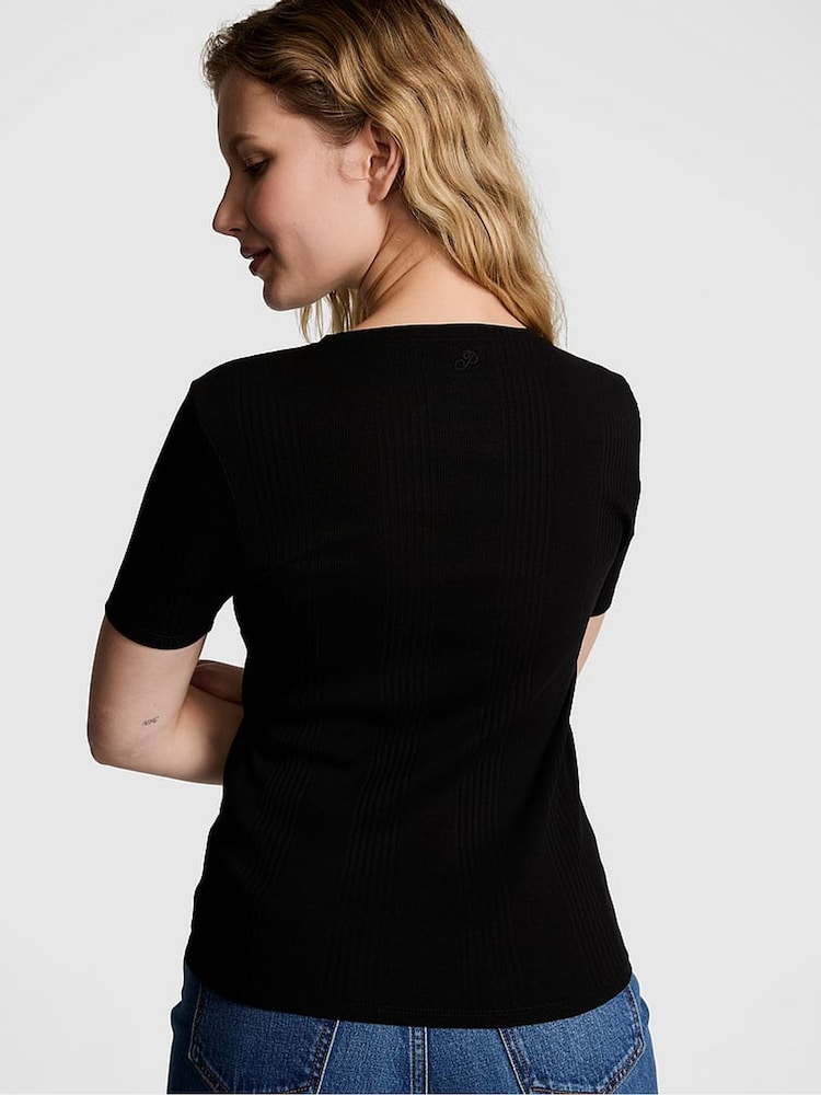 Victoria's Secret PINK Black Ribbed Short Sleeve T-Shirt - Image 2 of 4 Victoria's Secret PINK Black Ribbed Short Sleeve T-Shirt - Image 2 of 4