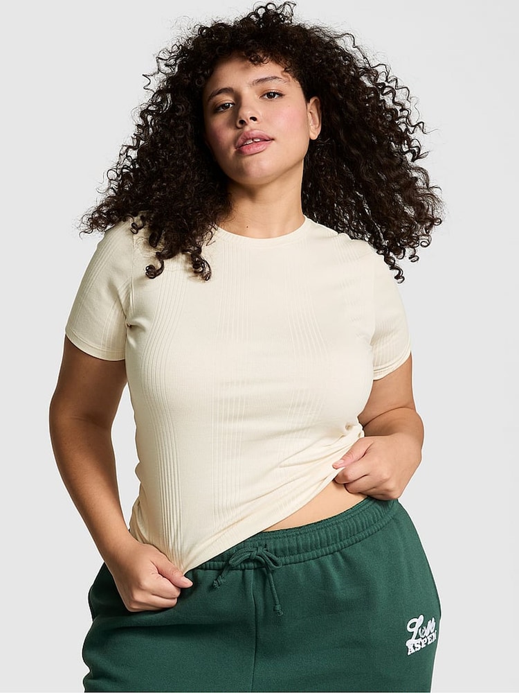 Victoria's Secret PINK White Shell Ribbed Short Sleeve T-Shirt - Image 1 of 3