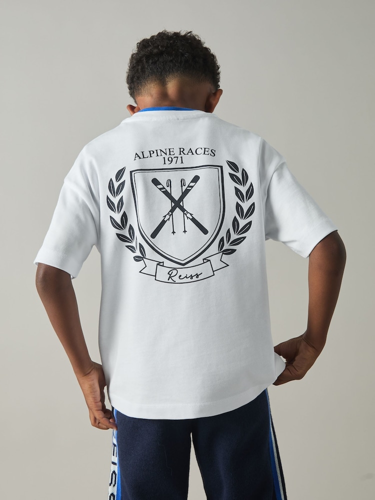 Reiss White Alsom Cotton-Jersey Alpine Races-Print T-Shirt - Image 1 of 4 Reiss White Alsom Cotton-Jersey Alpine Races-Print T-Shirt - Image 1 of 4