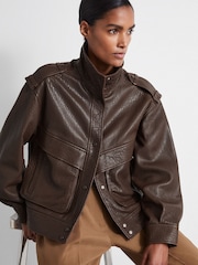 Reiss Chocolate Cleo Atelier Grained Leather Jacket - Image 1 of 6