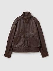 Reiss Chocolate Cleo Atelier Grained Leather Jacket - Image 2 of 6