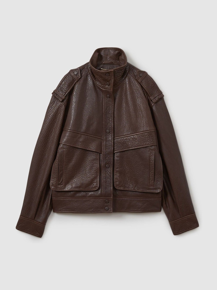 Reiss Chocolate Cleo Atelier Grained Leather Jacket - Image 2 of 6