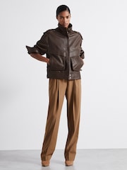 Reiss Chocolate Cleo Atelier Grained Leather Jacket - Image 3 of 6