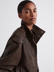 Reiss Chocolate Cleo Atelier Grained Leather Jacket - Image 4 of 6