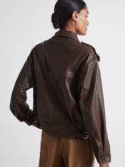 Reiss Chocolate Cleo Atelier Grained Leather Jacket - Image 5 of 6