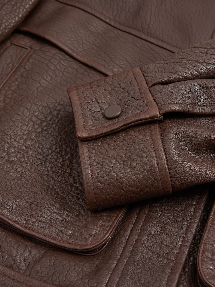 Reiss Chocolate Cleo Atelier Grained Leather Jacket - Image 6 of 6