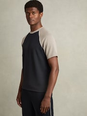 Reiss Navy/Taupe Carins Interlock-Jersey Colour-Block T-Shirt - Image 1 of 6