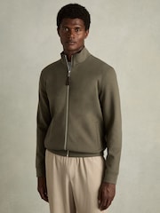 Reiss Sage Green Aston Zipped Interlock-Jersey Jacket - Image 1 of 6