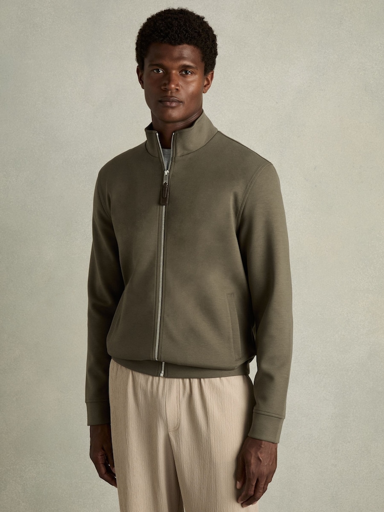 Reiss Sage Green Aston Zipped Interlock-Jersey Jacket - Image 1 of 6