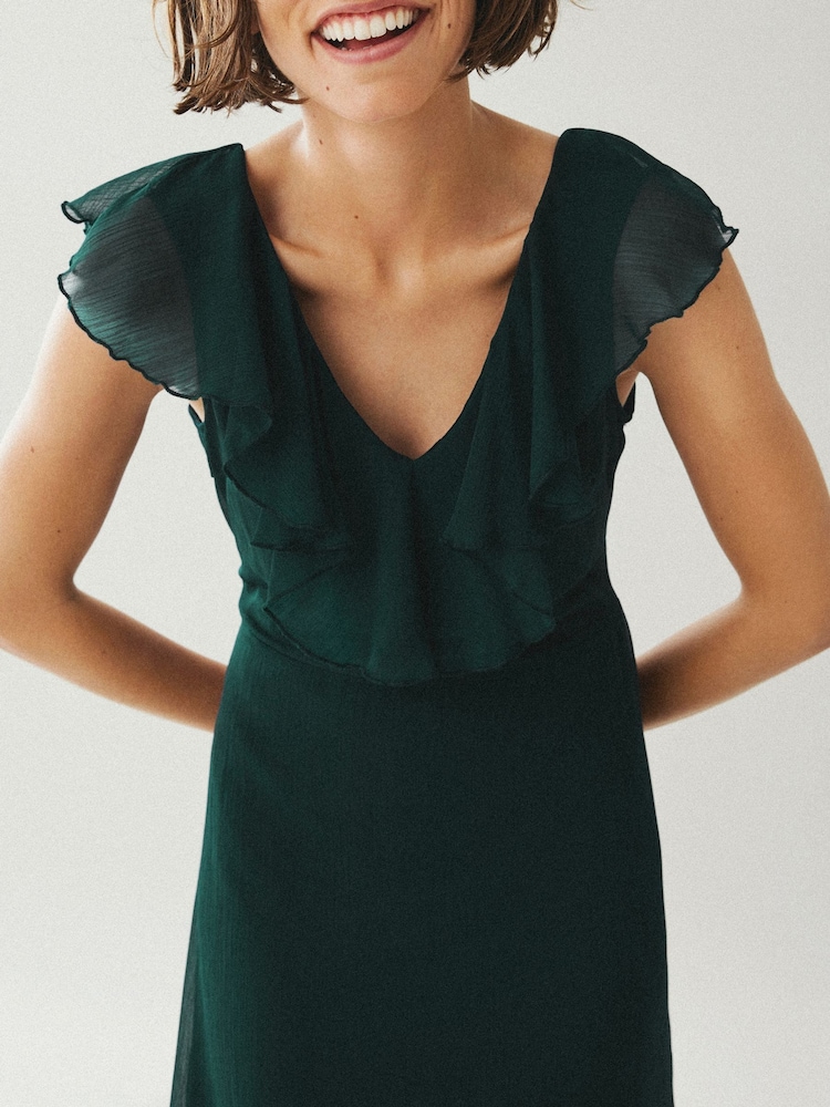 VILA Blue V-Neck Ruffle Detail Bridesmaid Occasion Maxi Dress - Image 2 of 4