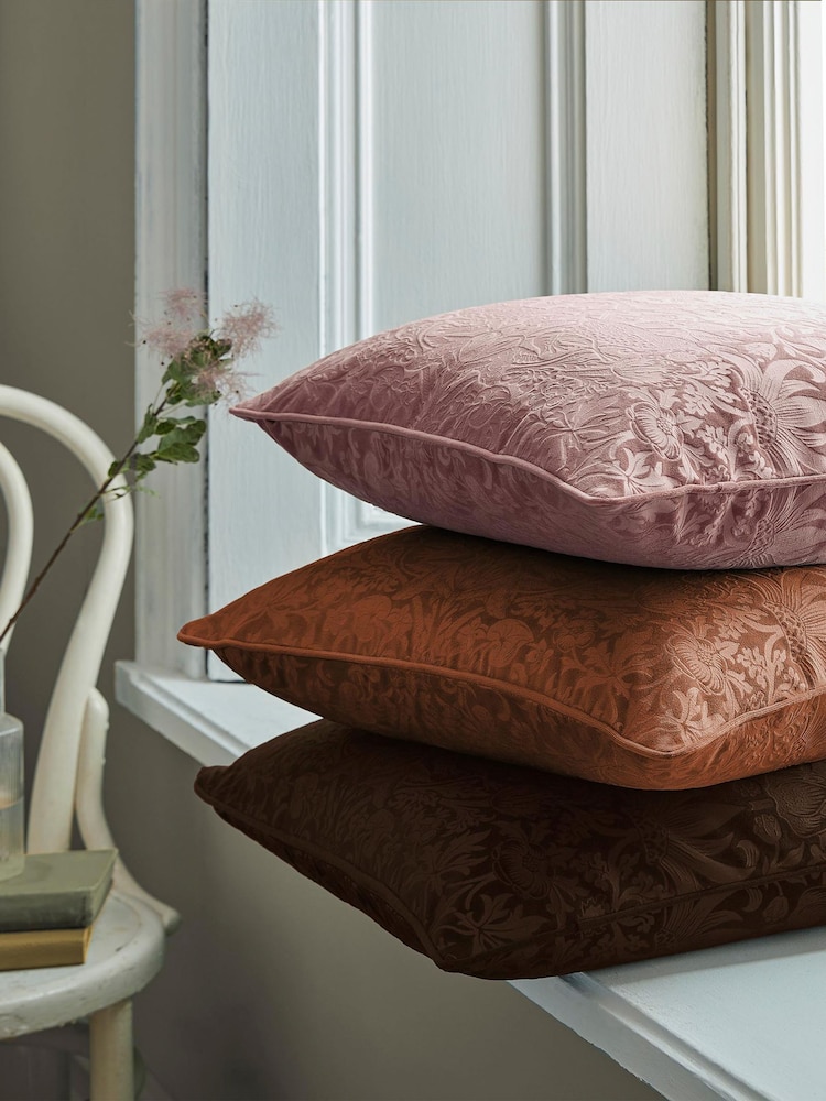 William Morris At Home Chocolate Strawberry Thief Embossed Cushion - Image 2 of 3