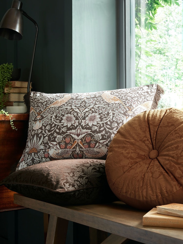 William Morris At Home Chocolate Strawberry Thief Cushion - Image 2 of 5