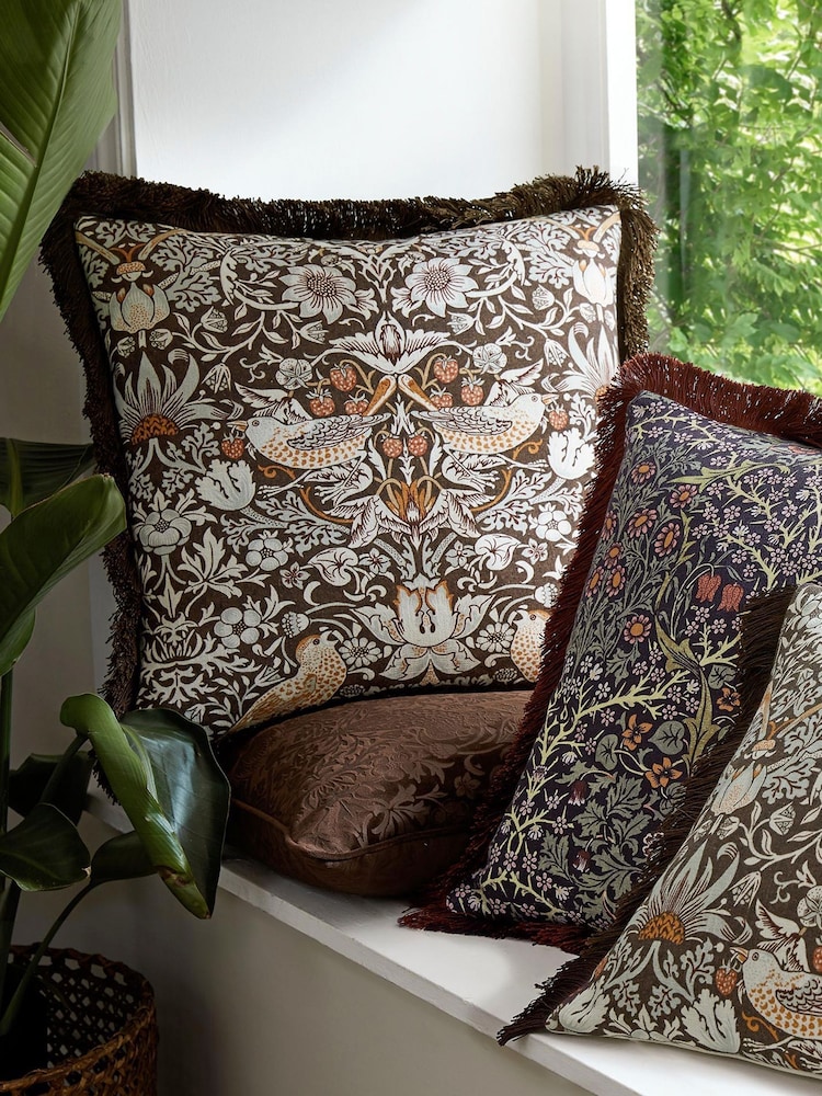 William Morris At Home Chocolate Strawberry Thief Cushion - Image 2 of 5
