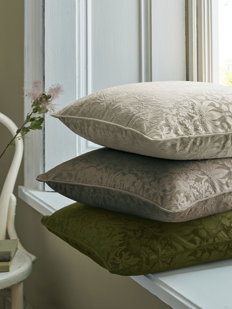 William Morris At Home Cider Gold Strawberry Thief Embossed Cushion - Image 2 of 4