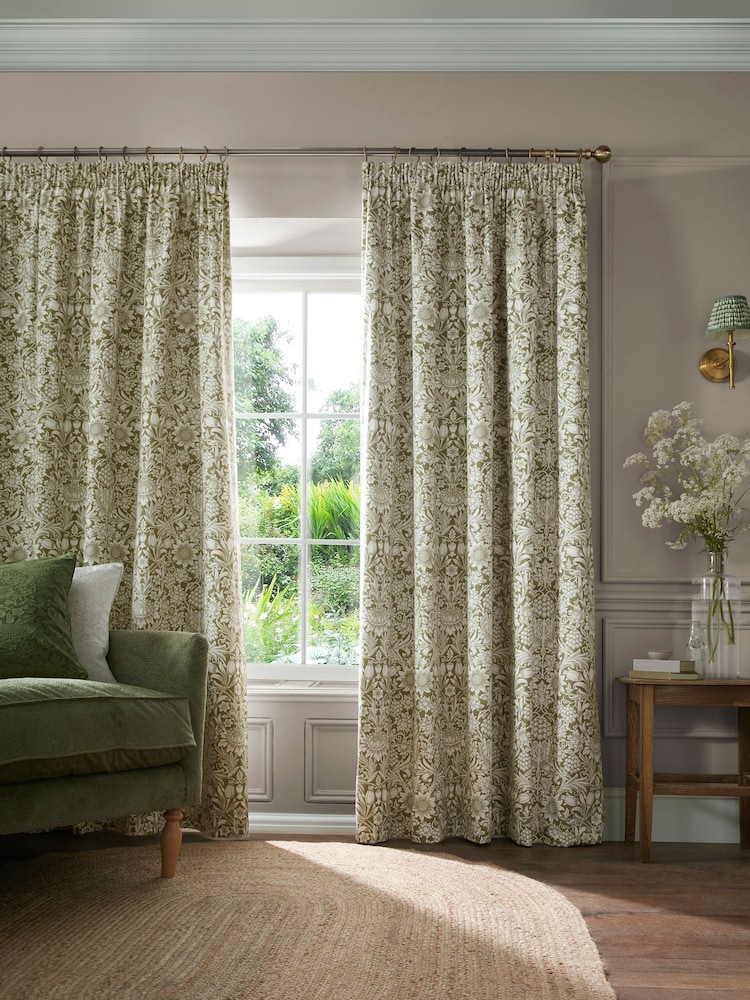 William Morris At Home Dark Olive Sunflower Blackout Headertape Pencil Pleat Curtains - Image 1 of 3