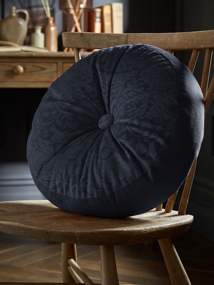 William Morris At Home Prussian Blue Strawberry Thief Embossed Circular Cushion - Image 1 of 4