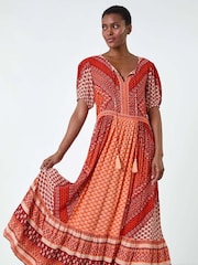 Roman Orange Stripe Border Print Crinkle Maxi Dress - Image 1 of 1