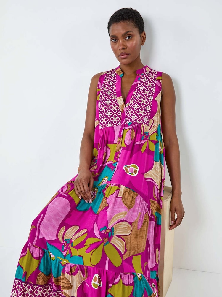 Roman Purple Boho Floral Print Smock Maxi Dress - Image 1 of 5