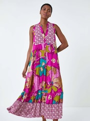 Roman Purple Boho Floral Print Smock Maxi Dress - Image 2 of 5