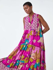 Roman Purple Boho Floral Print Smock Maxi Dress - Image 4 of 5