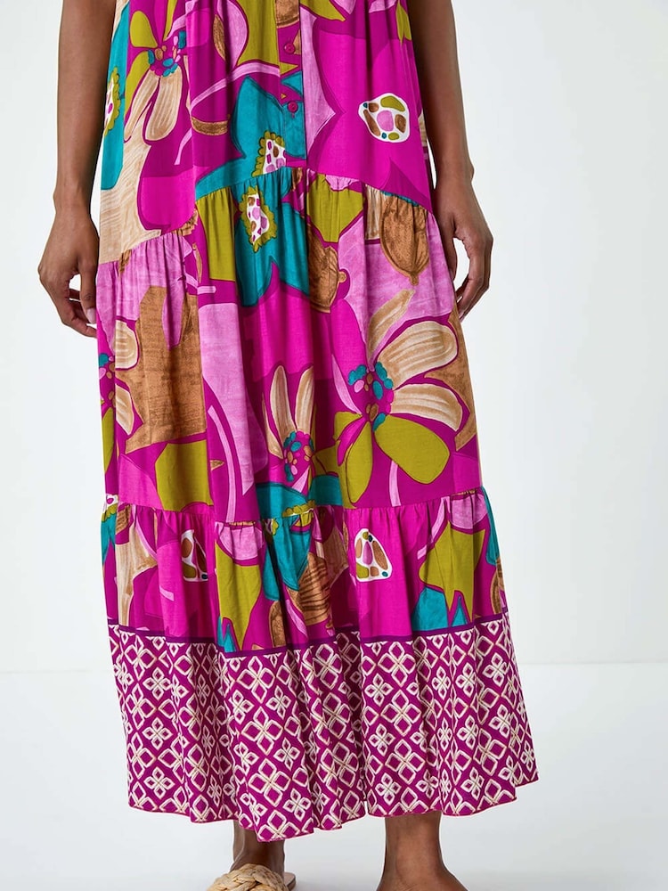 Roman Purple Boho Floral Print Smock Maxi Dress - Image 5 of 5