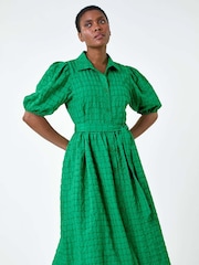 Roman Green Textured Puff Sleeve Midi Shirt Dress - Image 1 of 5