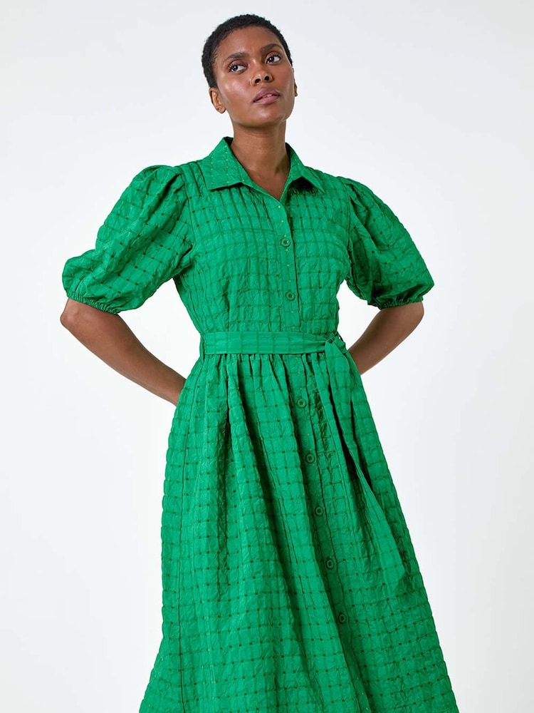 Roman Green Textured Puff Sleeve Midi Shirt Dress - Image 1 of 5