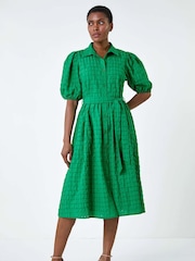 Roman Green Textured Puff Sleeve Midi Shirt Dress - Image 2 of 5