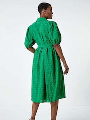 Roman Green Textured Puff Sleeve Midi Shirt Dress - Image 3 of 5