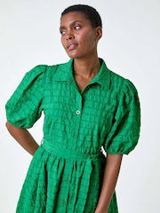 Roman Green Textured Puff Sleeve Midi Shirt Dress - Image 4 of 5
