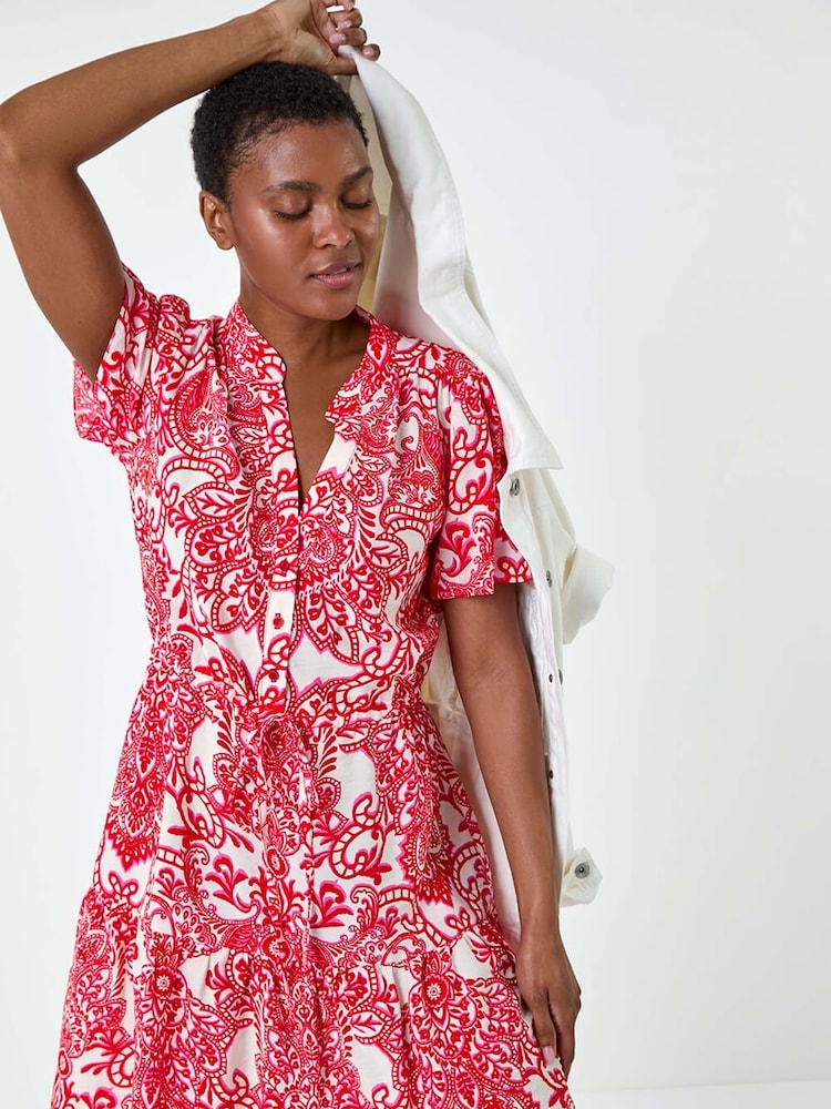 Roman Red Floral Print Frill Hem Shirt Dress - Image 1 of 5