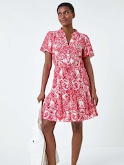 Roman Red Floral Print Frill Hem Shirt Dress - Image 2 of 5