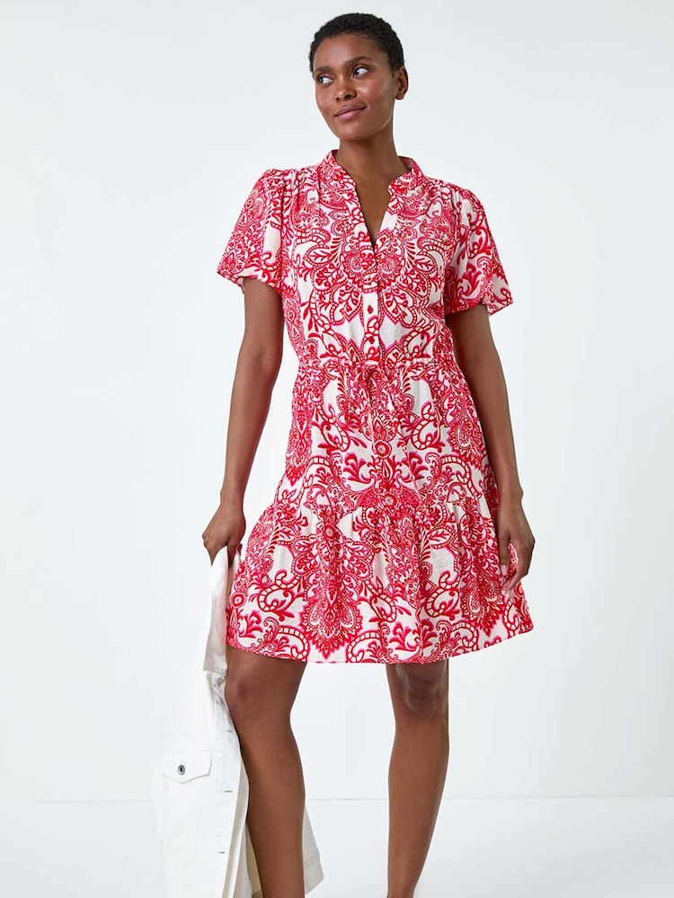 Roman Red Floral Print Frill Hem Shirt Dress - Image 2 of 5