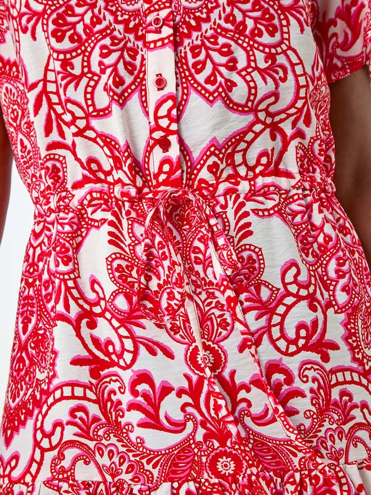 Roman Red Floral Print Frill Hem Shirt Dress - Image 5 of 5