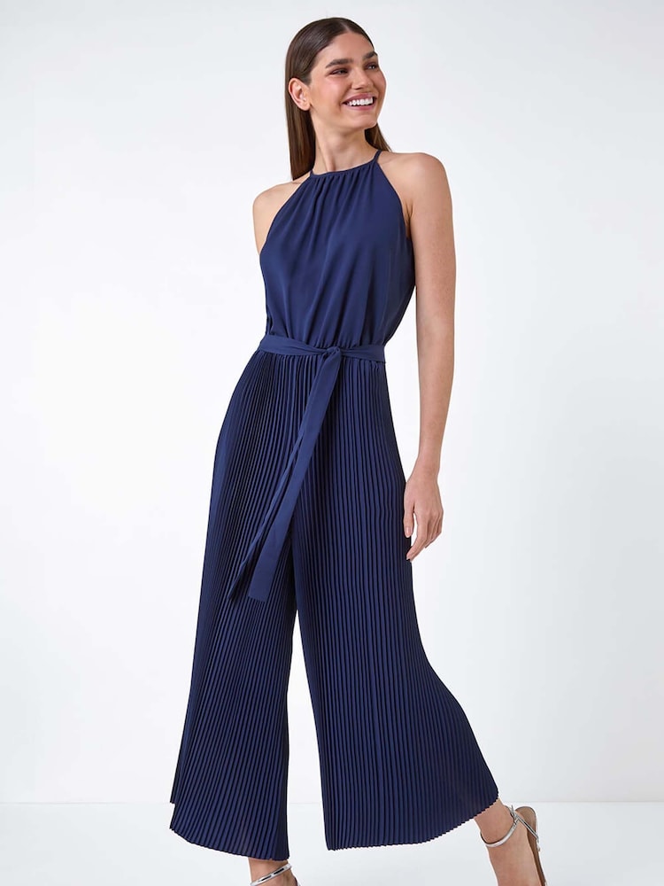 Roman Blue Plain Pleated Halter Neck Jumpsuit - Image 1 of 5