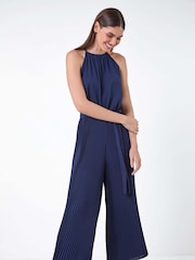 Roman Blue Plain Pleated Halter Neck Jumpsuit - Image 2 of 5