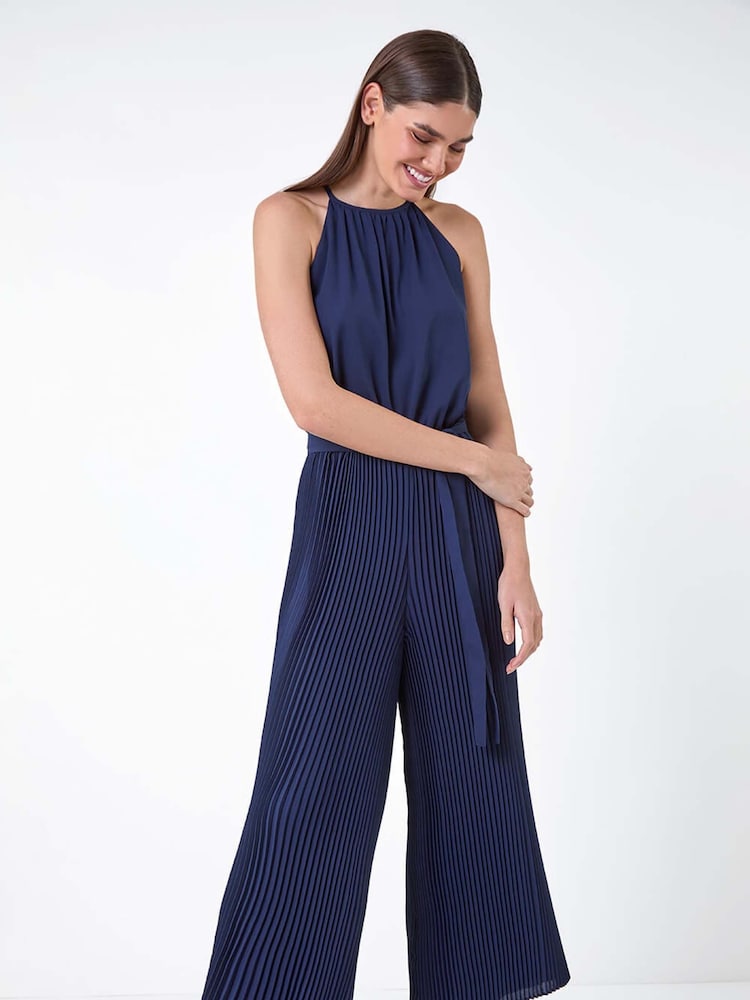 Roman Blue Plain Pleated Halter Neck Jumpsuit - Image 2 of 5