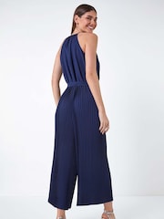 Roman Blue Plain Pleated Halter Neck Jumpsuit - Image 3 of 5
