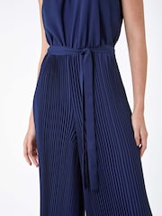 Roman Blue Plain Pleated Halter Neck Jumpsuit - Image 5 of 5